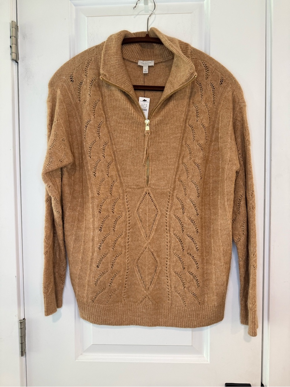 Talbots Petite Small Half Zip Sweater Camel Tan Openwork Knit NWT - Picture 3 of 10